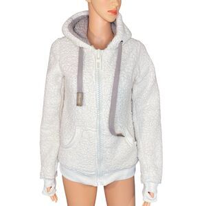 Tipsy Cozy Off White Teddy Jacket Womens Size Medium Full Zip Hooded w pockets